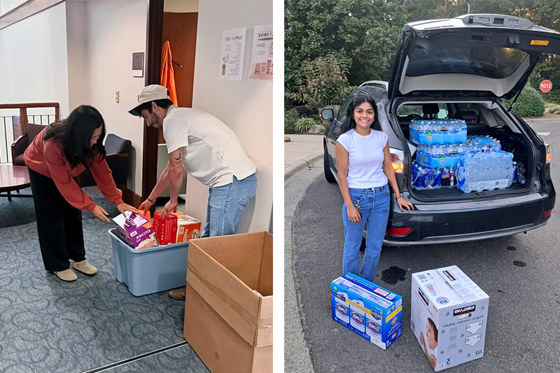 Two-photo collage of UNC-Chapel Hill law students holding a supply drive for Hurricane Helene relief.