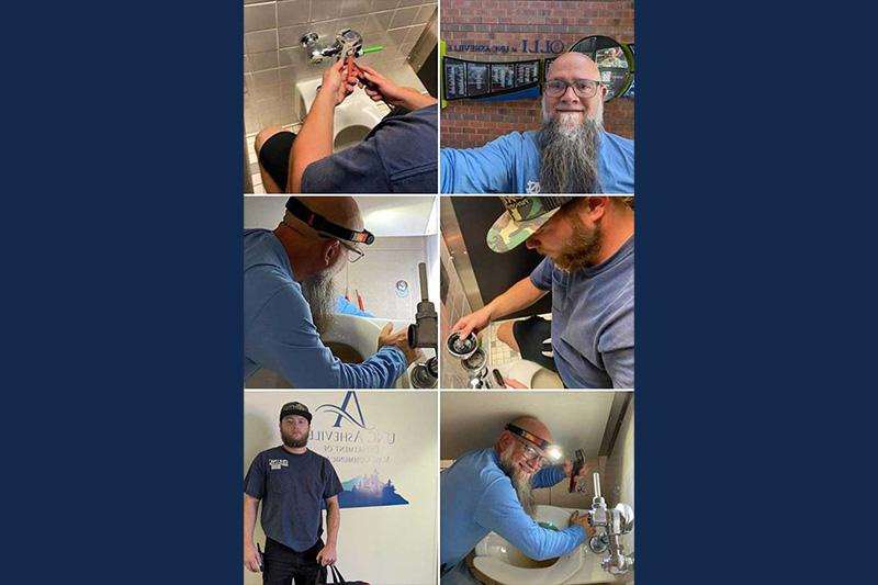 Six-photo montage of plumbers working at UNC Asheville